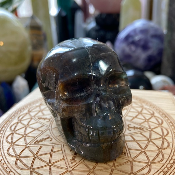 πSALEπMoss Agate Crystal Skull Carving With Stitches! - Picture 6 of 12